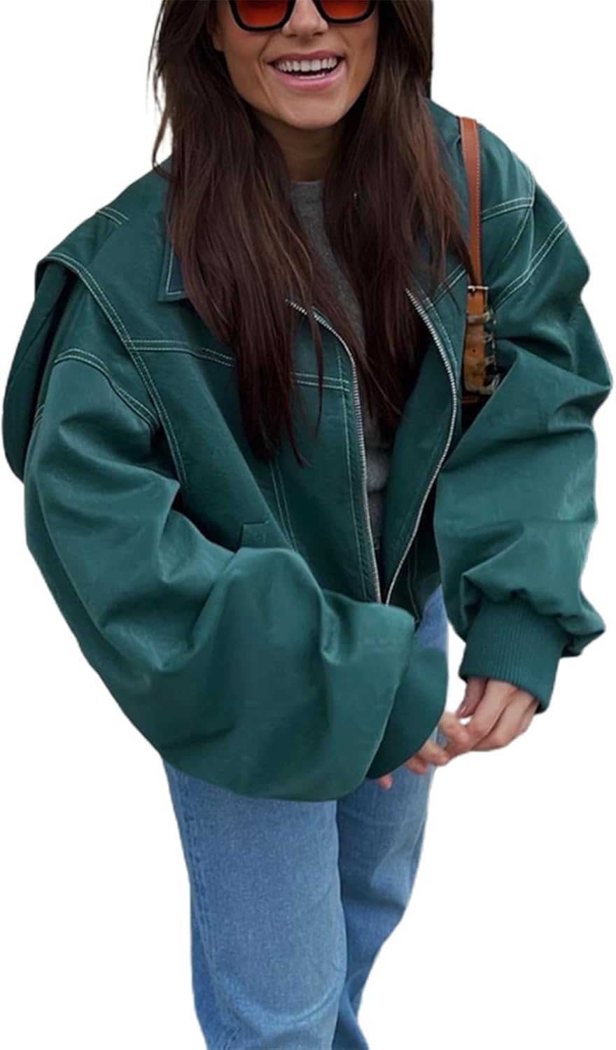 Women Leather Jacket Lightweight Casual Solid Color Zipper Front Long Sleeves Fall Cardigan for Outwear Streetwear