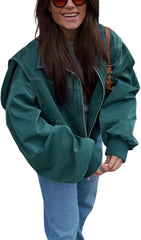 Women Leather Jacket Lightweight Casual Solid Color Zipper Front Long Sleeves Fall Cardigan for Outwear Streetwear