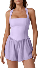 QINSEN Women's Square Neck Sleeveless Romper Jumpsuit Casual Summer One Piece Outfit with Pocket