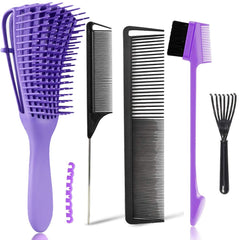 EZ Detangler Brush with Edge Brush, Rat Tail Combs Set for Natural, Curly, Wet/Dry, Black Hair, Flex Detangling Brush set for Hair Style and Cuting, No Pain and Easy Clean in Daily Use（Pink + Black)