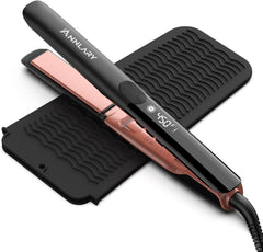 Hair Straightener 1 Inch Flat Iron and Curler 2 in 1 Titanium Ceramic Ionic Dual Voltage Straightener with Heat-Resistant Silicone, for Less Frizz, Shinier & Smoother