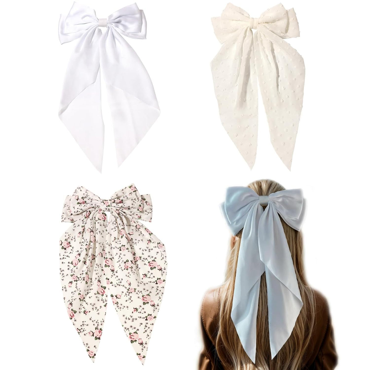 Satin Bow Barrettes and Long Ribbon Navy Hair Pins for Girls and Women - Party Hair Accessories with Bowknot Hairpins