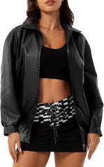 Women's Lapel Long Sleeved Faux Leather Jacket Vintage Solid Long Sleeve PU Cardigan Coat