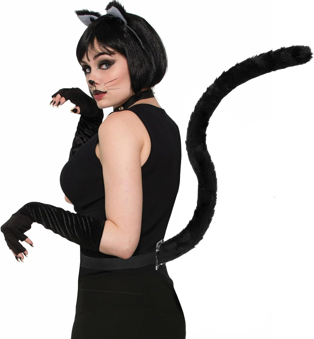 Luwint Cat Ears Hair Clips & Cat Tails Furry Cute Black Catwomen Costume Accessory for Halloween Dress Anime Cosplay Party