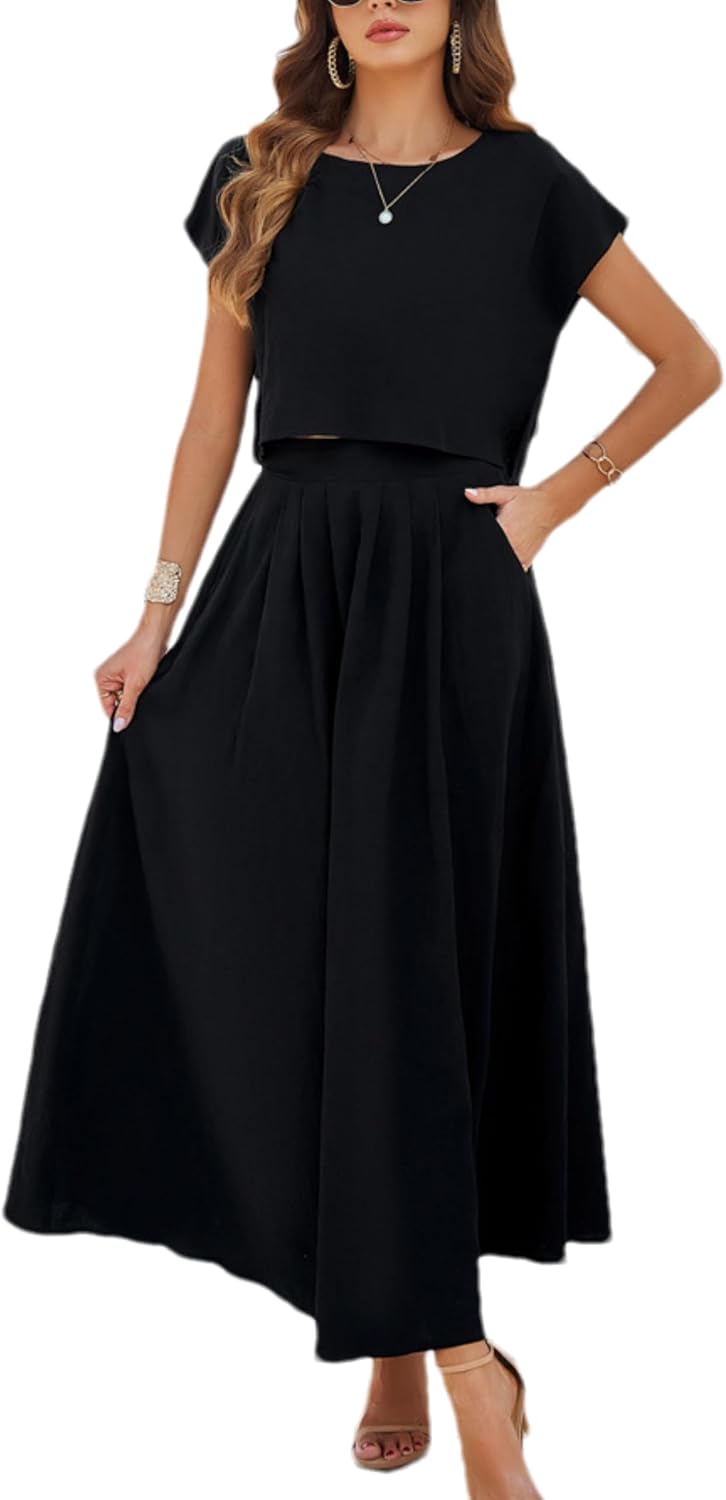 HangNiFang Summer Skirt Sets Women 2 Piece Outfits Cap Sleeve Top Elastic Waist Lightweight Maxi Dress Sets with Pockets