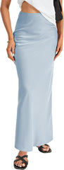 Vrtige Women's Elegant Satin Silky High Waist Zipper Flowy A Line Maxi Long Skirt