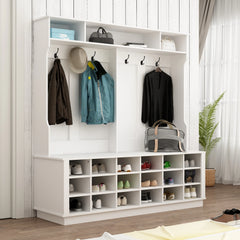 63"W 18 Shoe Cubbies Shoe Bench Shoe Cabinet Wide Hall Tree With Hooks