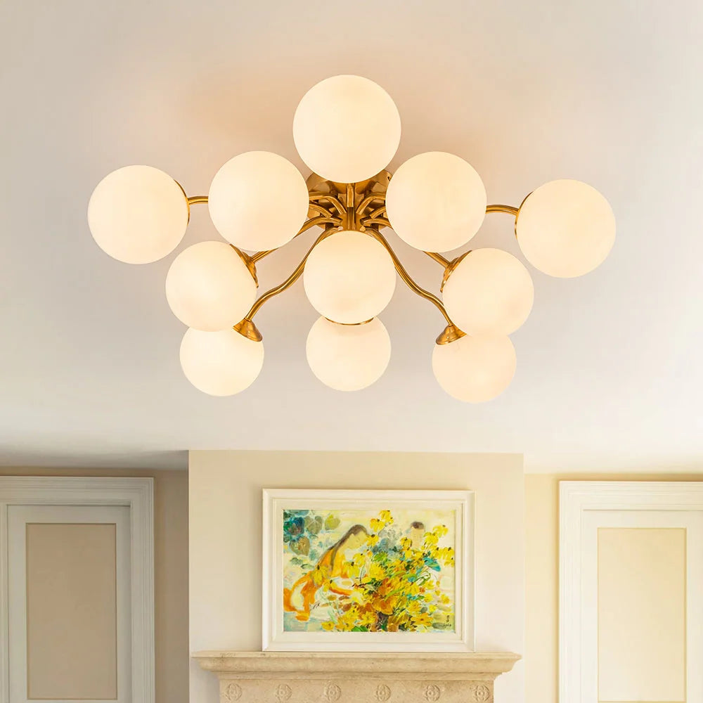 Milky Glass Globe Brass Sputnik Bubble Ceiling Light - 30in Chandelier