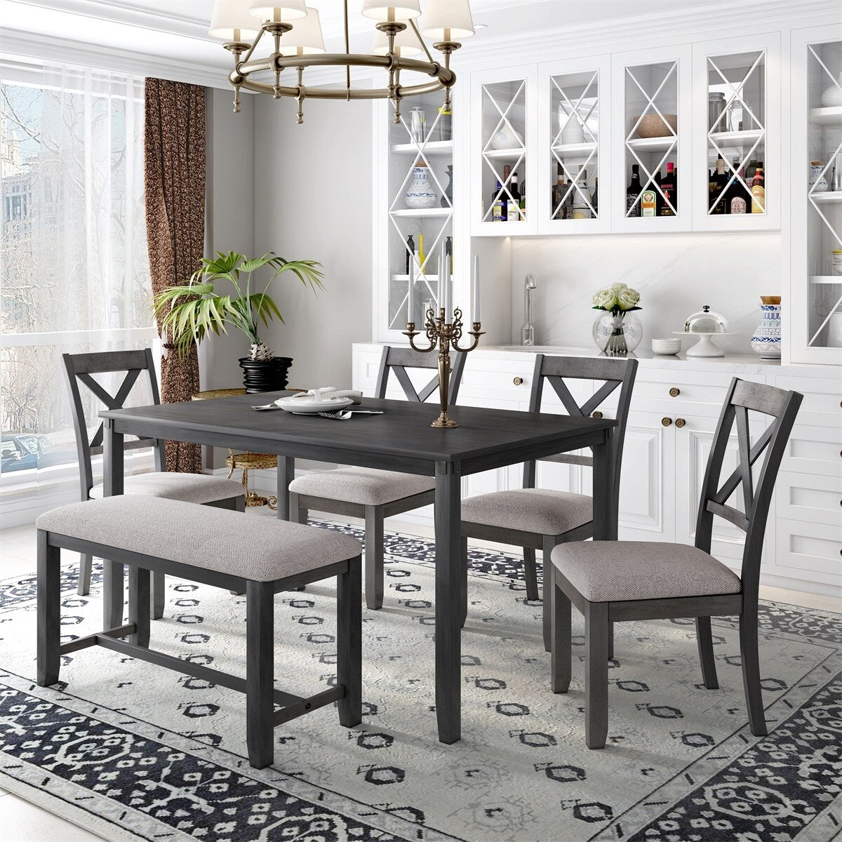 Merax Wooden 6-Piece Kitchen Dining Set with Bench and 4 Dining Chairs