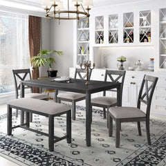 Merax Wooden 6-Piece Kitchen Dining Set with Bench and 4 Dining Chairs