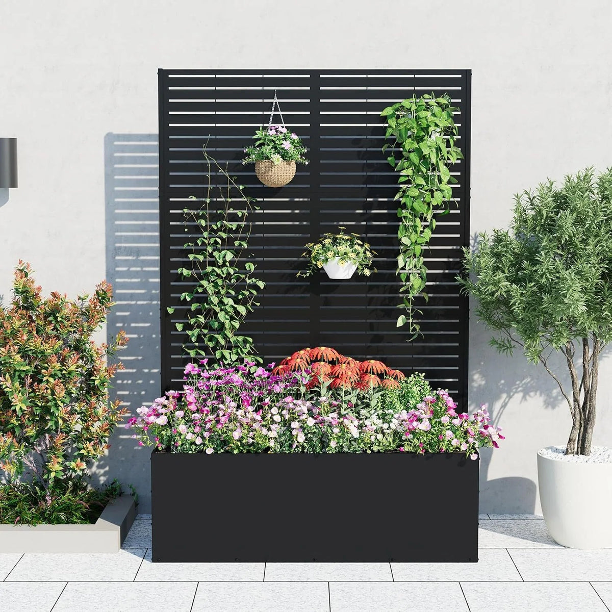 Metal Privacy Screen Planter Box, Raised Garden Bed for Climbing Plants, Veggies, Horizontal Stripes