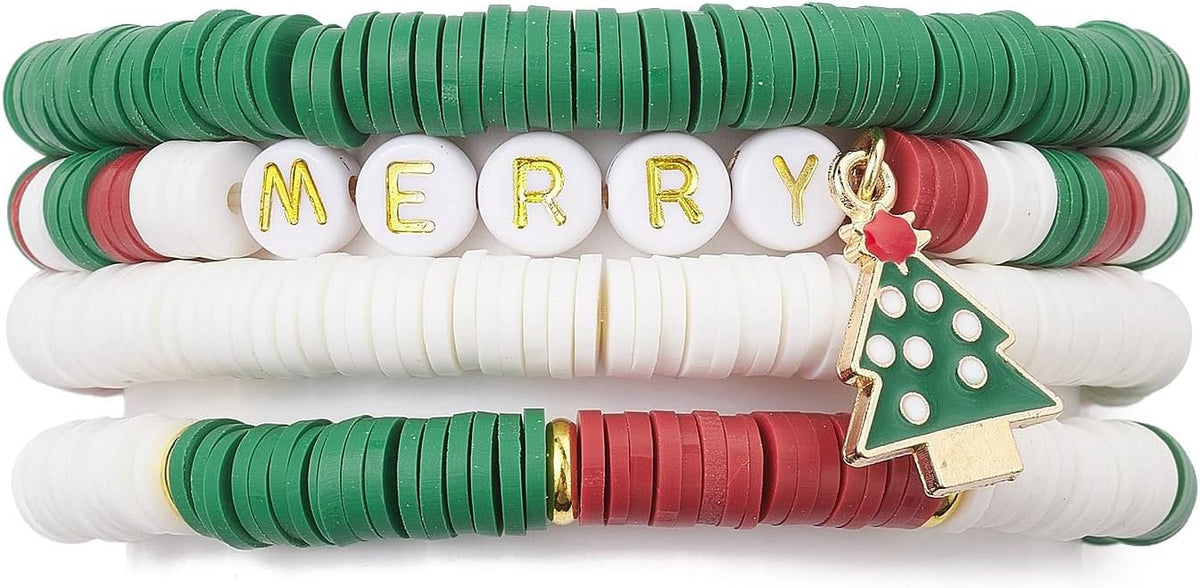 Christmas Bracelets Stackable Xmas Clay Beaded Stretch Friendship Bracelets Festive Bracelets Santa Claus Christmas Jewelry for Women Costume Party Favors