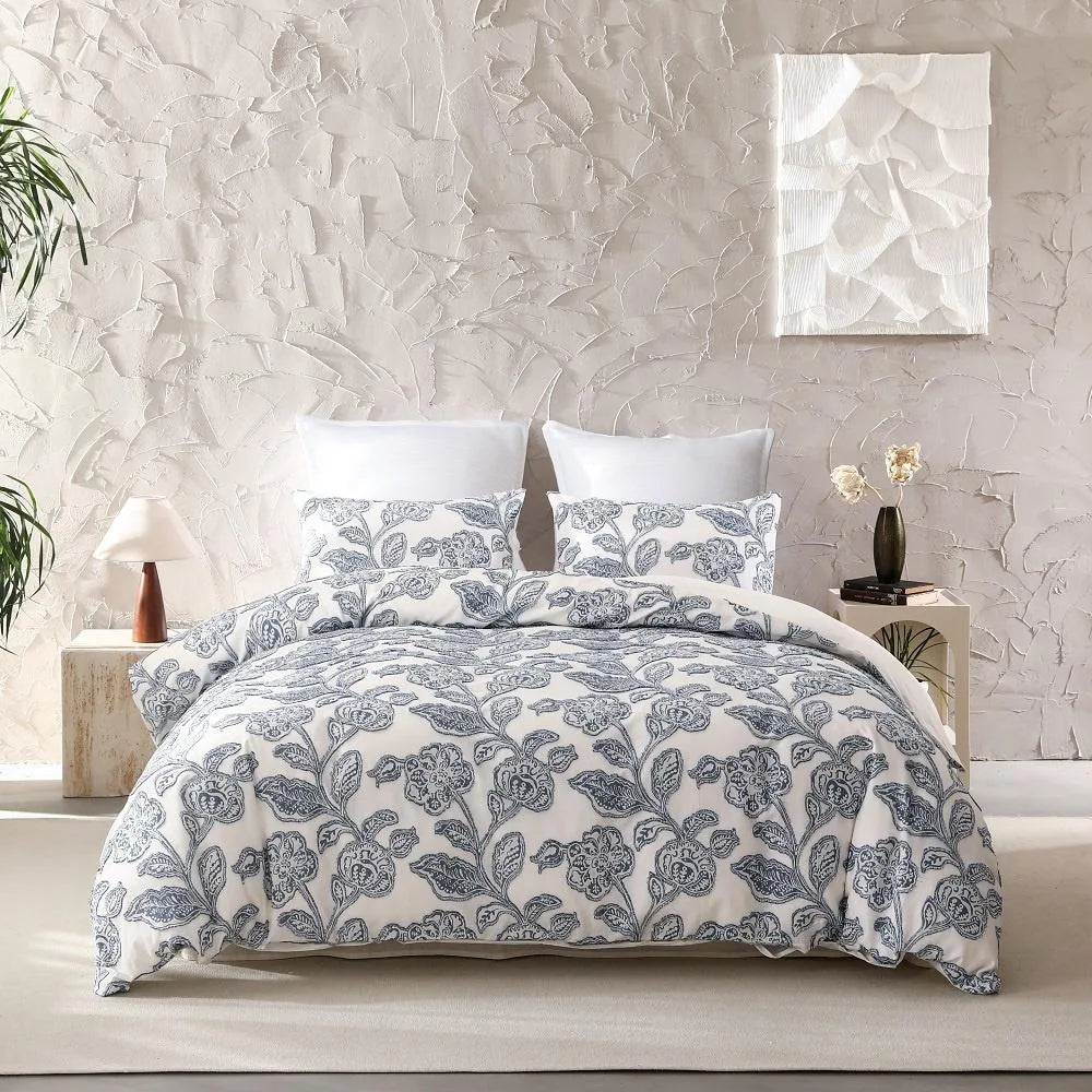 Premium Cotton Jacquard Duvet Cover Set, Elegant Floral Texture, Soft & Durable 3-Piece Bedding
