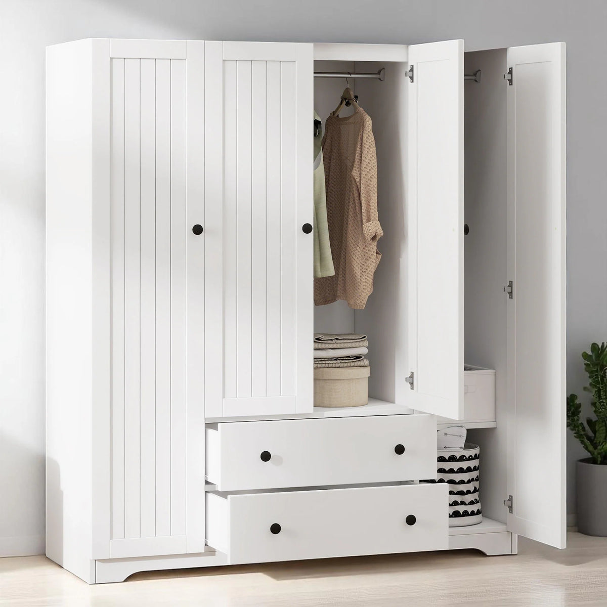 Wooden 4 Door Wardrobe Closet with 2 Drawers and Hanging Storage, Armoire Cabinet for Bedroom Organization