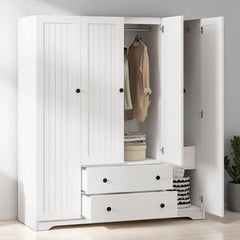 Wooden 4 Door Wardrobe Closet with 2 Drawers and Hanging Storage, Armoire Cabinet for Bedroom Organization