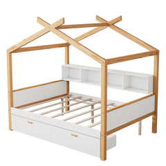 Wooden House Bed with Dual Storage Drawers & Built-in Bookshelf by Harper&Bright Designs