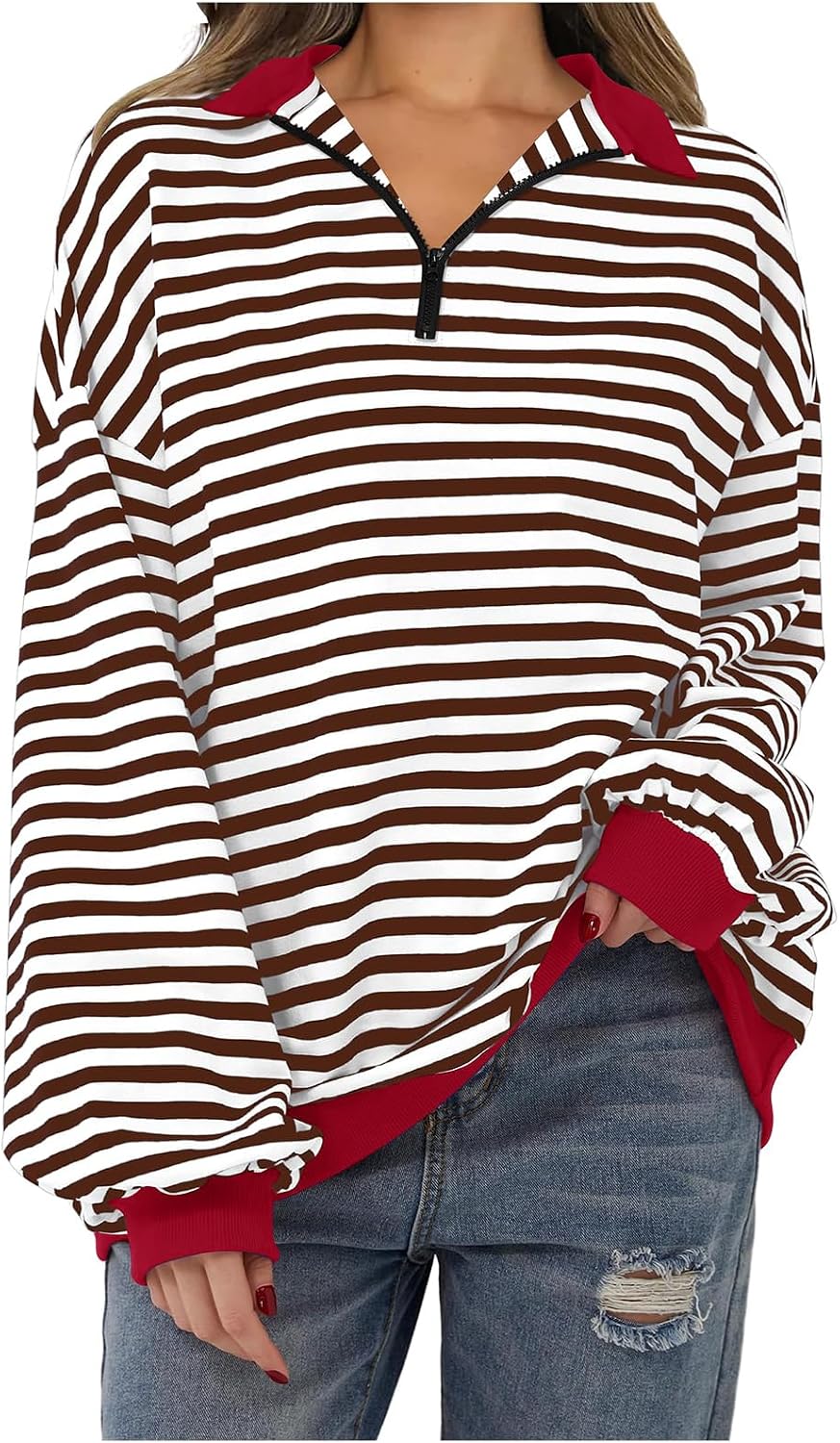 Oversized Sweatshirt for Women Casual Half Zip Striped Pullover Color Block Long Sleeve Sweatshirts Fall Clothes