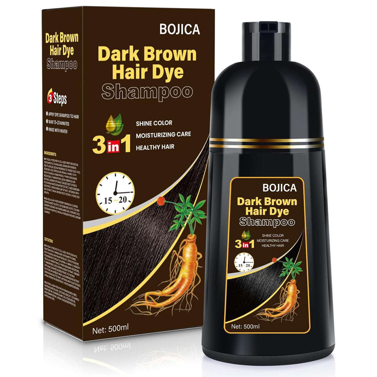 Black Hair Dye 3 in 1 Shampoo for Gray Hair, Herbal Ingredients for Women&Men, Dye in Minutes/Semi-Permanent/(17.6 FL OZ)