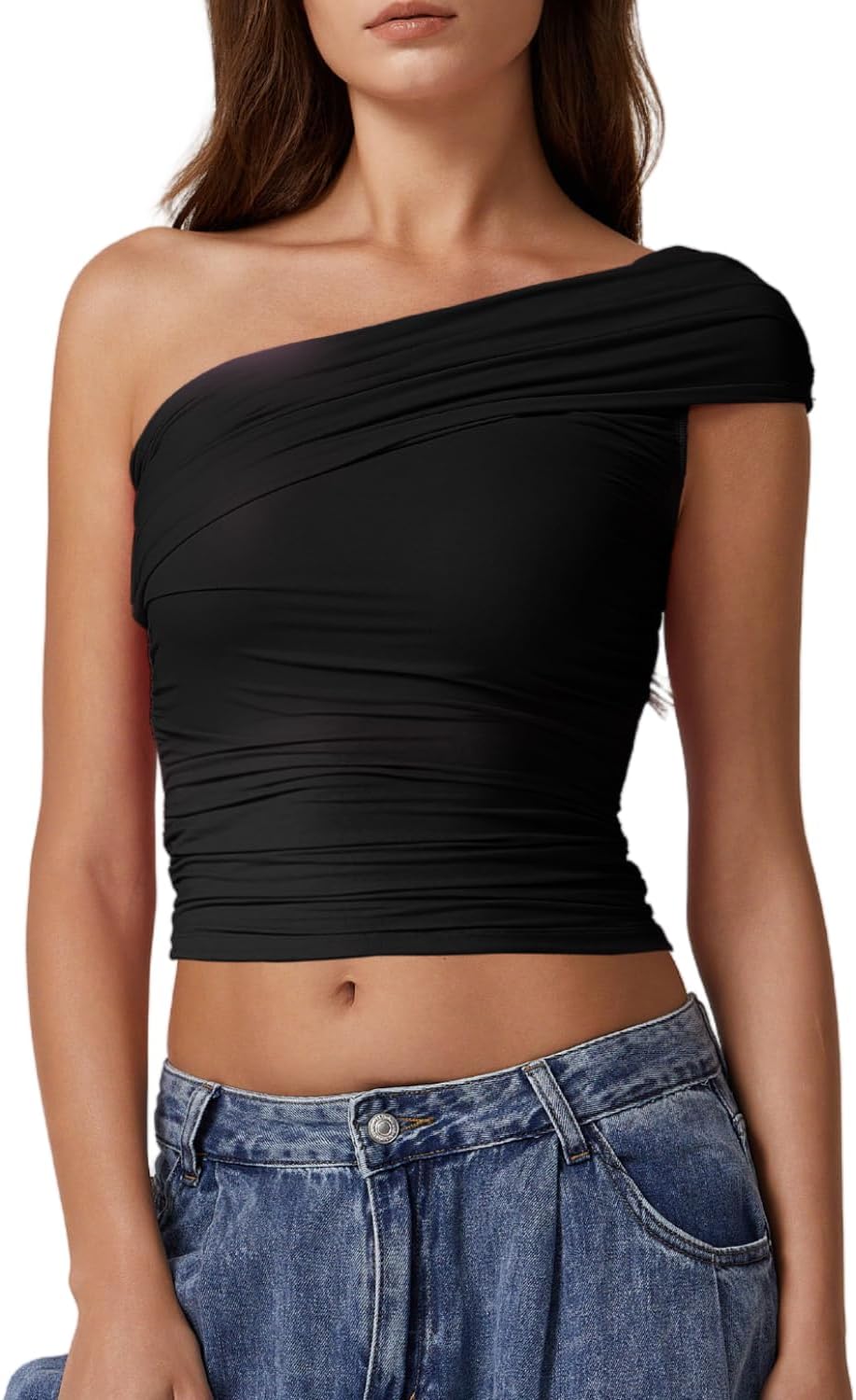 QINSEN Womens Sleeveless Foldover Top Double Lined One Shoulder T Shirts Summer Trendy Going Out Crop Tops