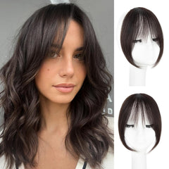 Clip in Bangs, 100% Real Human Hair Natural Black Fake Bangs Clip in Hair Extensions French Bangs Fringe with Temples Hairpieces for Women Curved Curtain Bangs for Daily Wear