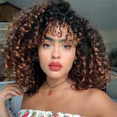 YEAME Curly Wigs for Black Women - Afro Curly Wig with Bangs, Natural Black, Heat Resistant, 15" Full Wig, 150% Density, Glueless, 1 Count