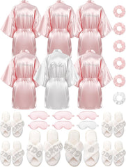 Bonuci 24 Pcs Bride Bridesmaid Robe Slipper Sets for Wedding Bridal Party Women with Robes Slippers Eye Mask Hair Scrunchies