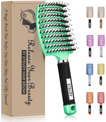 KTKUDY Detangling Brush Boar Bristles Hairbrush Make Hair Shiny & Healthier Curved and Vented Detangler Brush for Women Men Kids Wet & Dry Hair (Light green)