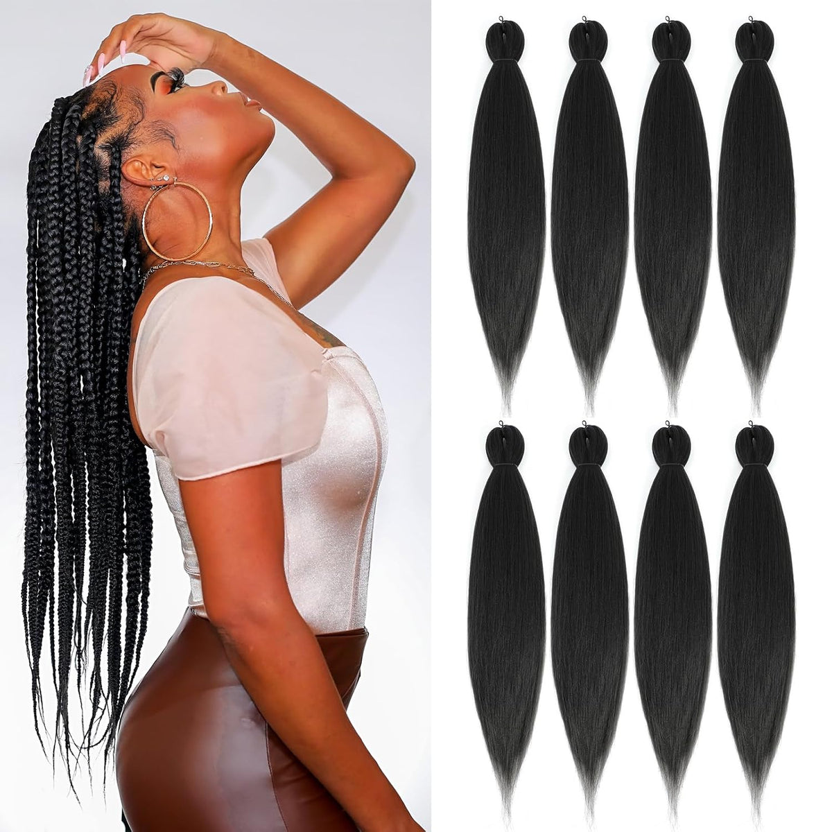 Pre-stretched Braiding Hair - 24 Inch 8 Packs Brown Braiding Hair For Twist or Box Braids, Long Yaki Texture Hot Water Setting Synthetic Braiding Hair Extensions (24 Inch, #30-8P)