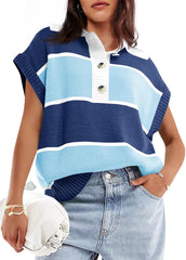 Saodimallsu Womens Striped Short Sleeve Sweater V Neck Button Down Color Block Loose Knit Pullover Tops