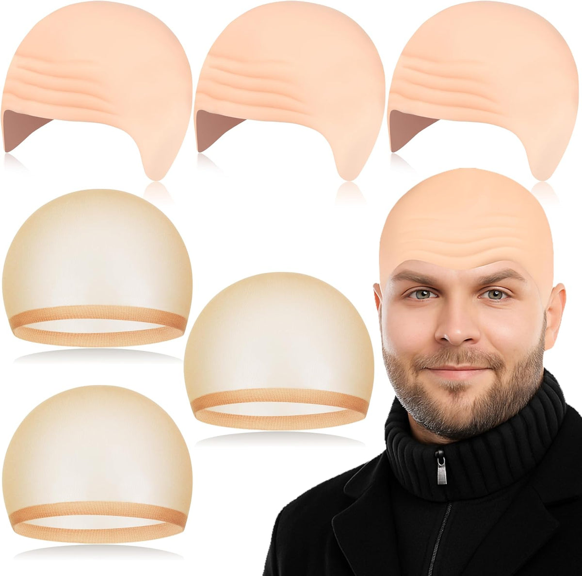 Bald Cap, Halloween Latex Bald Caps with Nylon Wig Caps for Women Men Adults Constume Accessories