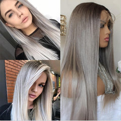 Aisom Bangs Highlight Blonde Wig Straight 2x1 HD Synthetic Lace Wig for Women Glueless Lace Wig Blonde Colored Wig 16 Inch
