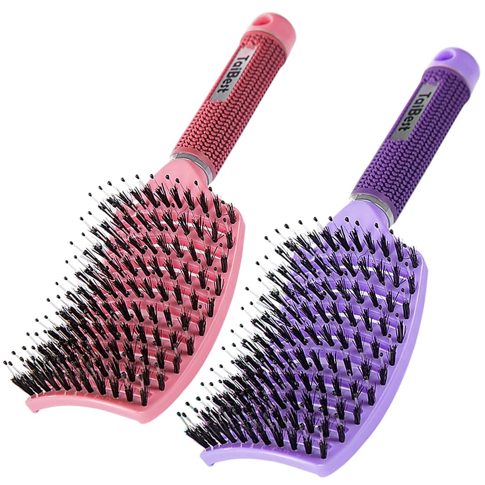 Boar Bristle Hair Brush Set - Dry/Wet Hair Brushes Detangler for Fine, Thick, Curly Hair - Curved and Vented Hair Brush for Women, Men or Kids