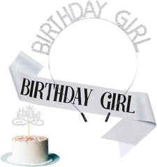 Silver Birthday Headband for Women,Sash and Crown for Girls,Gift for Her,Cake Topper,Accessories for Birthday Decorations.