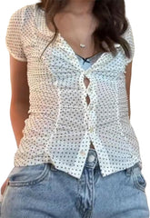 Y2k Girls Vintage Coquette Button Down Shirt Women Short Sleeve V-Neck Slim Fitted T-Shirt Cute Blouse Crop Top