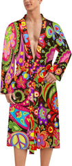 60s 70s Hippie Flowers Peace Love Mens Robe Long Sleeve V Neck Bathrobes Sleepwear Robes with Belt