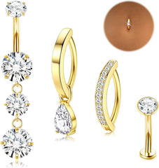 LOLIAS Gold Belly Button Ring - 14G Surgical Stainless Steel Belly Rings Hypoallergenic Clicker Belly Button Piercings for Women CZ Dangle Belly Button Rings Navel Piercing Pack Silver/Gold