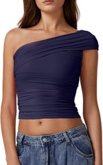 QINSEN Womens Sleeveless Foldover Top Double Lined One Shoulder T Shirts Summer Trendy Going Out Crop Tops