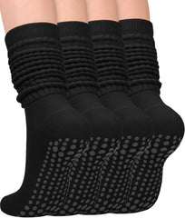 yeuG 4 Pairs Grip Pilates Socks for Women Yoga Slouch Socks with Grips for Barre Grippy Socks Long Scrunch Slipper Socks
