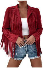 Women's Fringe Faux Suede Leather Jackets Trendy Open Front Fall Western Jacket 2025 Tassel Motorcycle Cropped Coats