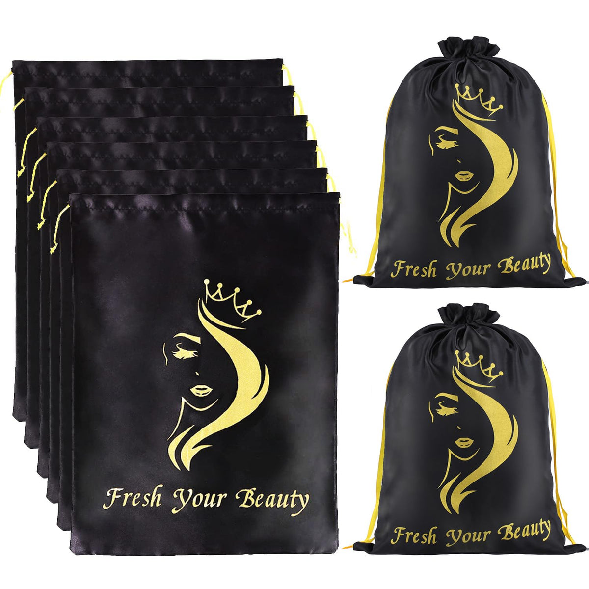 2PCS Satin Wig Bags Storage for Multiple Wigs Soft Silky Pouches with Drawstring Hair Packaging Bags for Wigs, Bundles,Hair Extensions,Tools, business gift bags （Black)
