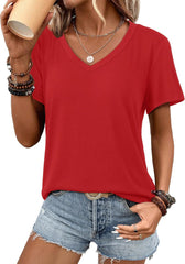 ATHMILE Womens V Neck Short Sleeve Summer T Shirts Curved Hem Plain Top Beach