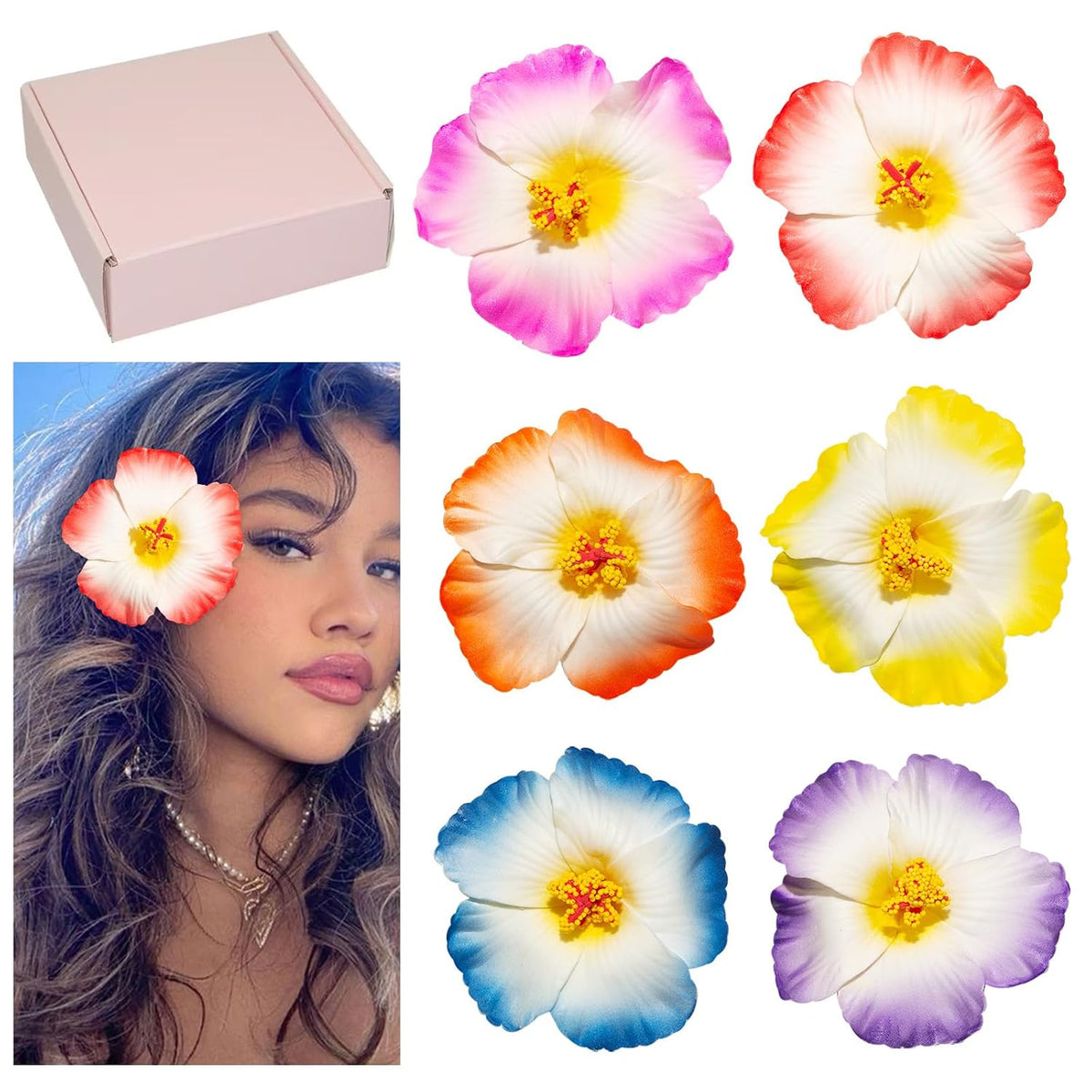 Hawaiian Flower Hair Clips for Women, 6Pcs Plumeria Claw Clips for Think Thin Hair, 3.5 Inch Artificial Flower Clips for Vacation Beach Party (Hibiscus)