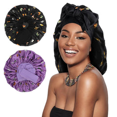 Arqumi 2 Pcs Satin Silk Bonnet for Sleeping Women, Large Long Strap Tie Band Adjustable Sleep Night Cap Hair Bonnet Wrap for Men, Black+Purple