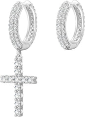 KRKC&CO Cross Earrings for Men, Gift for Him, Sterling Silver Dangle Earrings, Hypoallergenic 15mm Round Hoop Hinged Hanging for Women, Fathers Day
