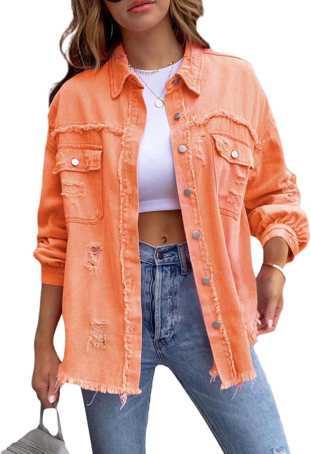 MBMSHEGH Women's Ripped Distressed Denim Jacket Long Sleeve Button Down Boyfriend Jean Coat Trucker Jacket