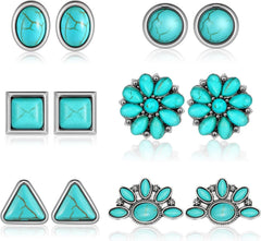 6 Pairs Turquoise Stud Earrings Small Geometric Oval Round Flower Earrings Gemstone Cut Shape Square Studs Turquoise Jewelry