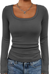 ATHMILE Womens Long Sleeve Tops Fall Scoop Neck Ribbed Knit Shirts Slim Fitted Casual Basic Tee T Shirt for Women 2025