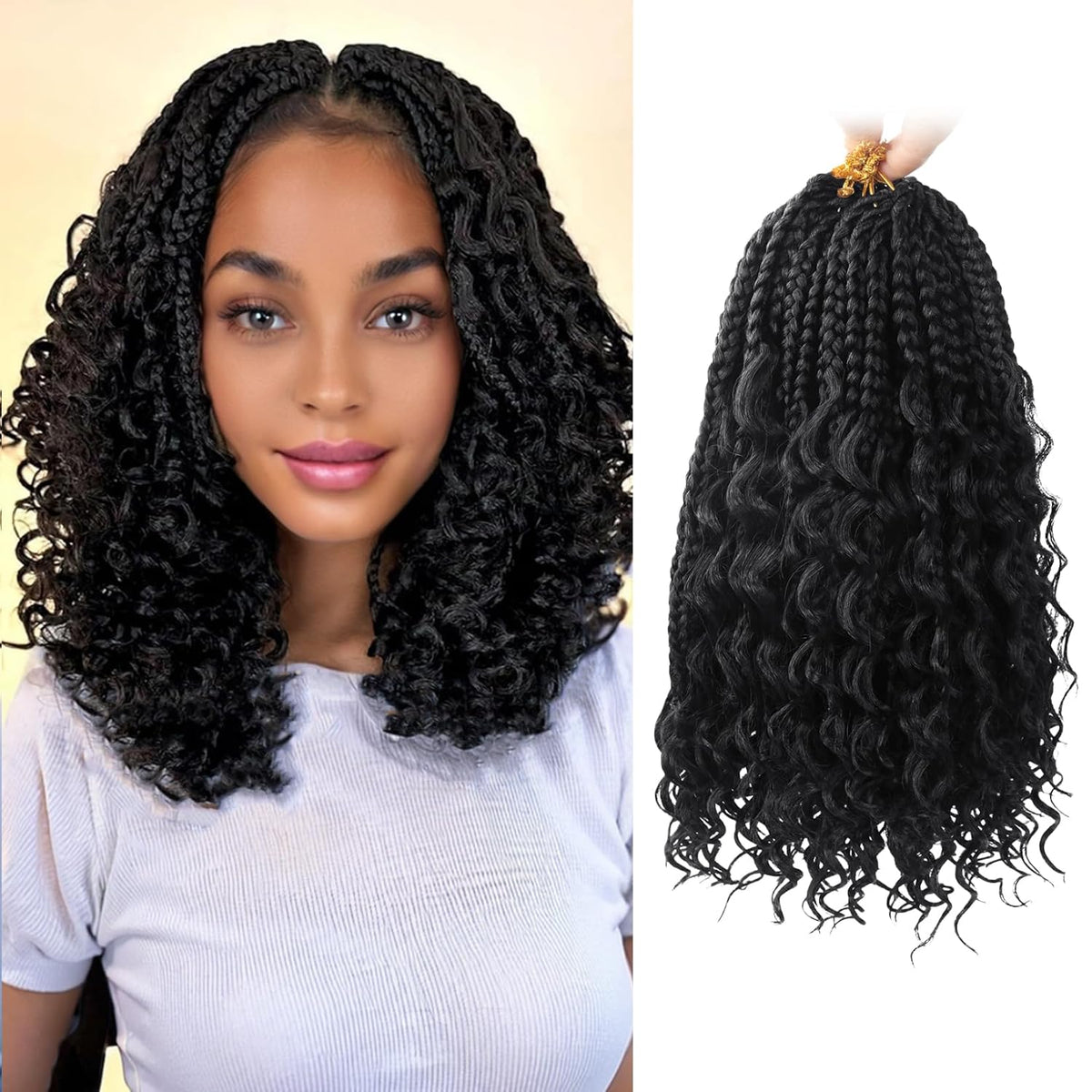 Goddess Box Braids Crochet Hair 1B - 8 Inch Pre Looped Boho Crochet Braids with Curly Ends, 8 Packs Crochet Hair for Black Women Boho 3X Synthetic Braiding Hair Extensions