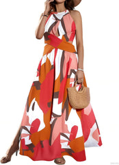 CHICME Women's Sleeveless Halter Neck Dress Criss Cross Tie Back Split High Maxi Dress
