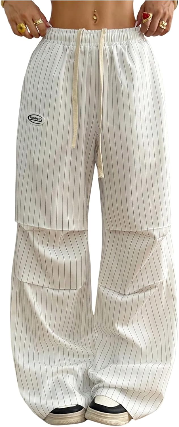 Women's Striped Baggy Pants Y2K Drawstring Waist Wide Leg Sweatpants Casual Track Pants Trousers Streetwear